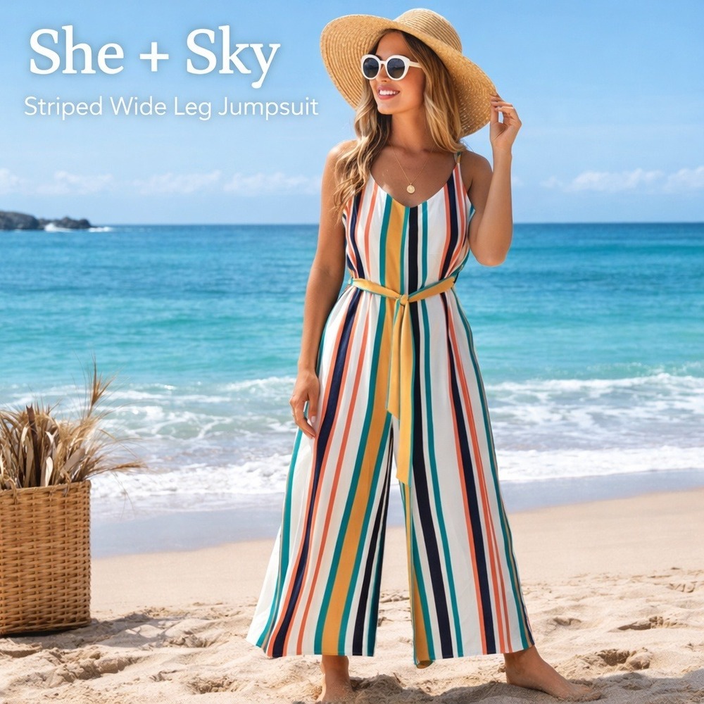 She + Sky Multicolor Vertical Stripe Wide-Leg Jumpsuit